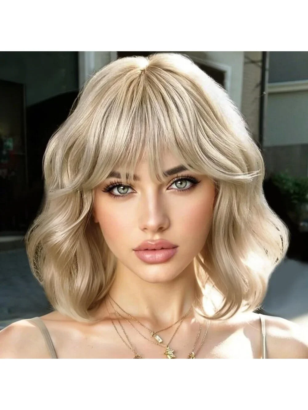 Women's Mix Blonde 14 Inch Heat Resistant Short Wavy Hair Pastel Bob Wig Bangs